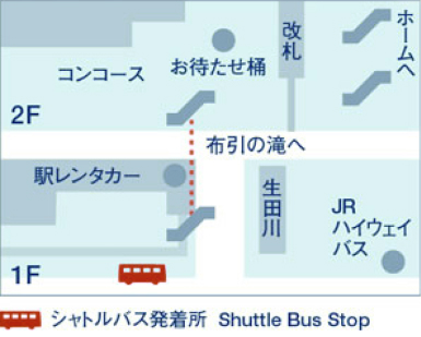 駅周辺のシャトルバス発着所の地図。上部に2階のコンコース、お待たせ桶、改札、ホームへの通路が示されています。1階には駅レンタカー、生田川、JRハイウェイバスが表示されています。シャトルバス発着所は1階にあり、赤いバスのアイコンで示されています。