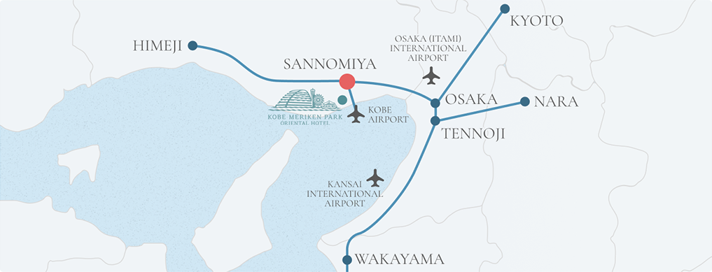 画像：兵庫県内の神戸メリケンパークオリエンタルホテルの位置を示した地図